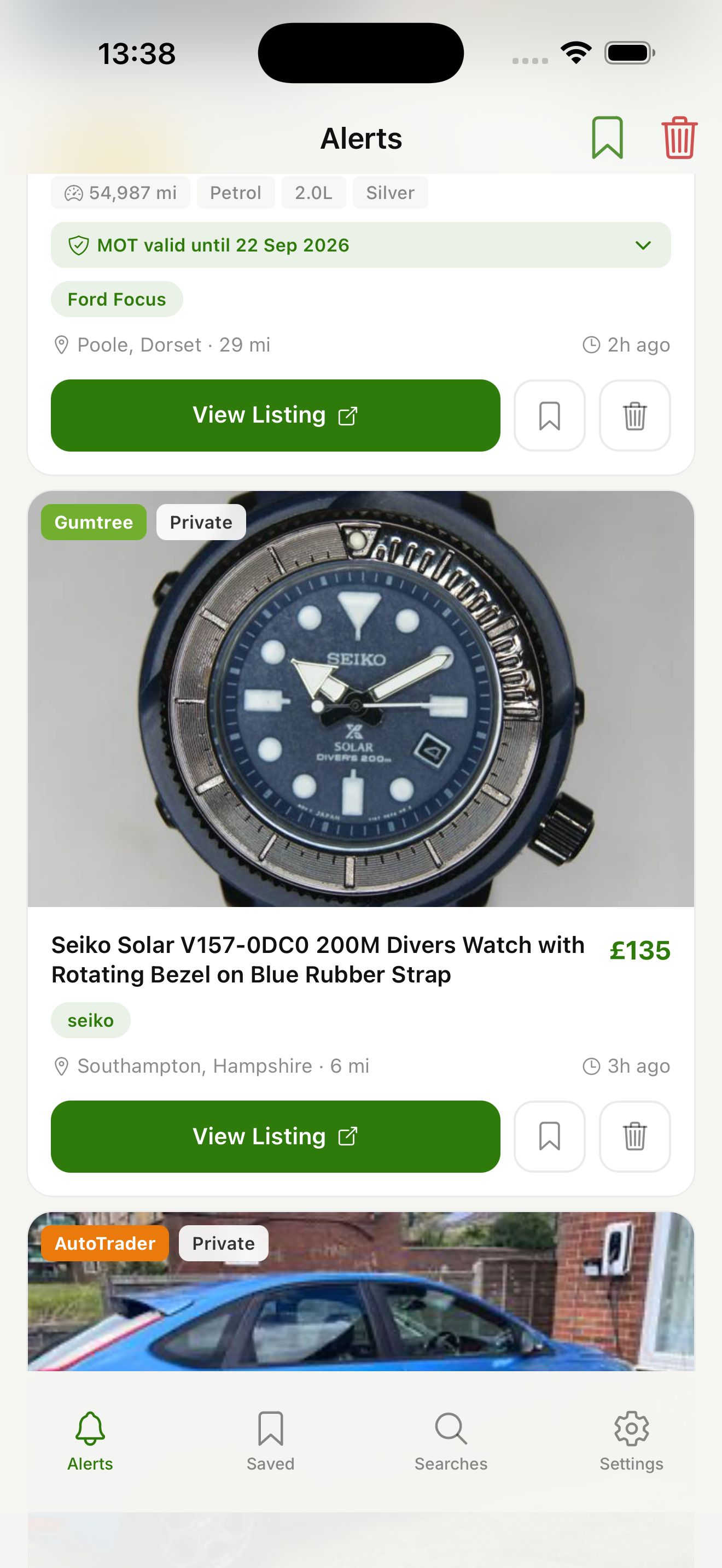 ListMantis alerts feed showing a Ford Focus, Seiko diver's watch and AutoTrader listing